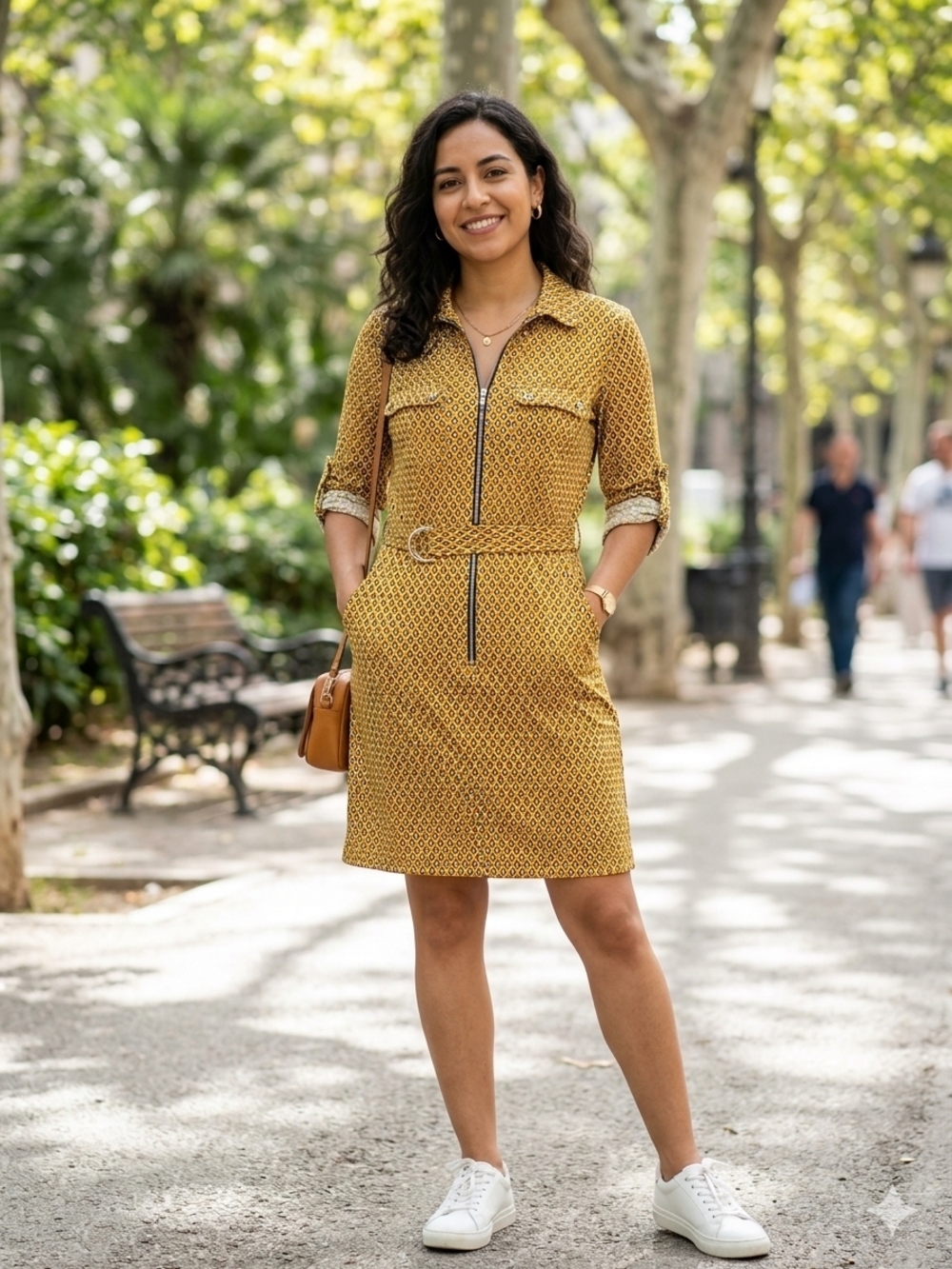 NY Collection Mustard Geometric Zip-Front Shirt Dress